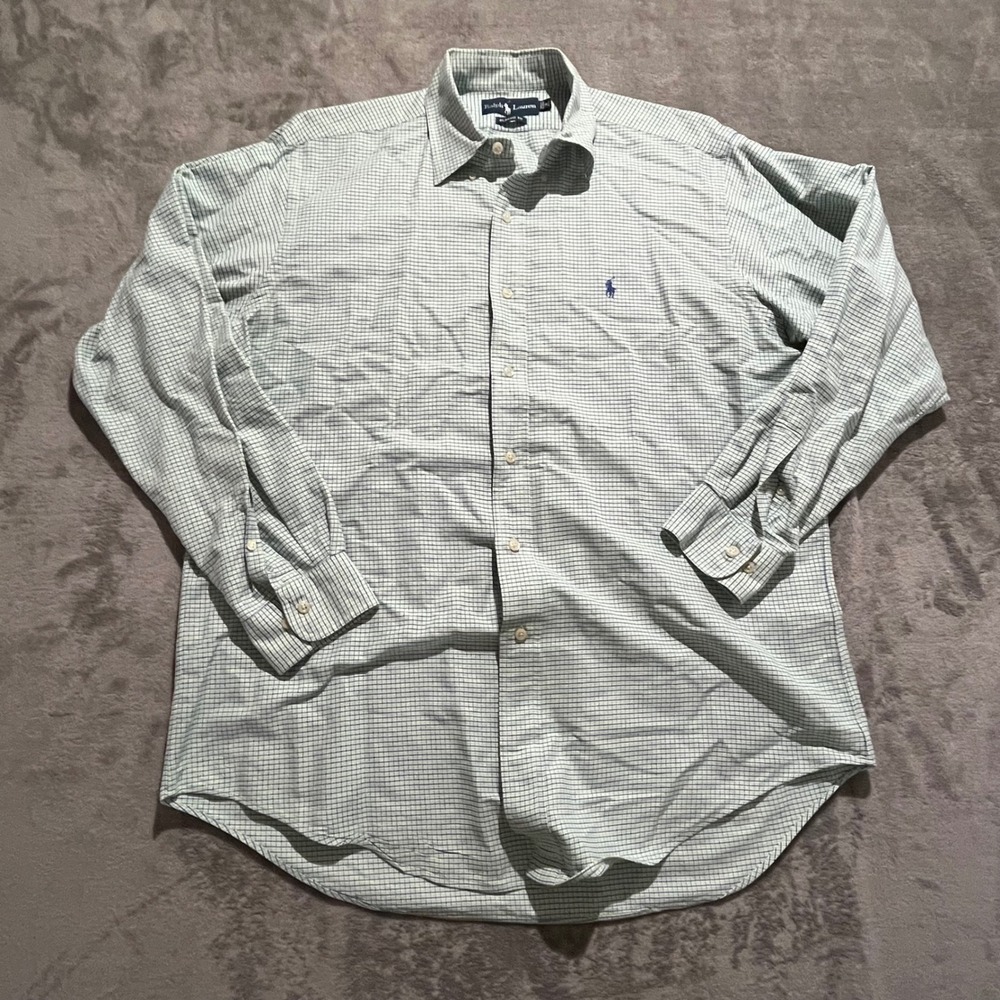 Ralph Lauren Button Down Shirt Mens 16 34/35 Green Blue Micro Check Classic Fit